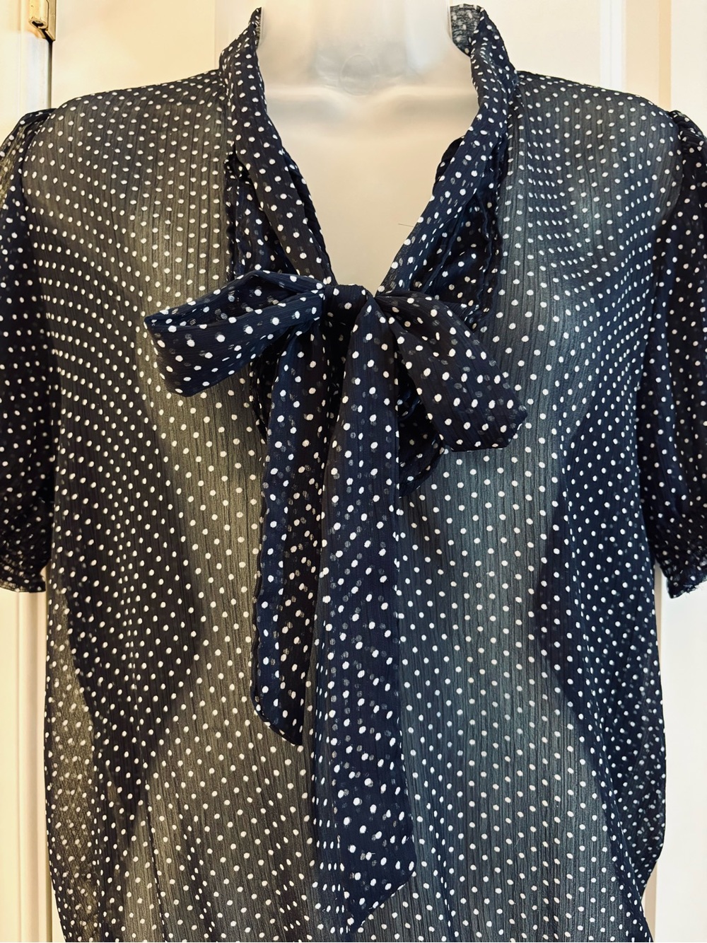 Jennifer & Grace Blouse Black White Polka Dot sheer puff ruffle tie elastic XL - Picture 7 of 8